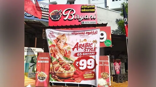 விநாயகர் பிரியாணி சமைப்பது போன்ற விளம்பர பேனரால் சர்ச்சை